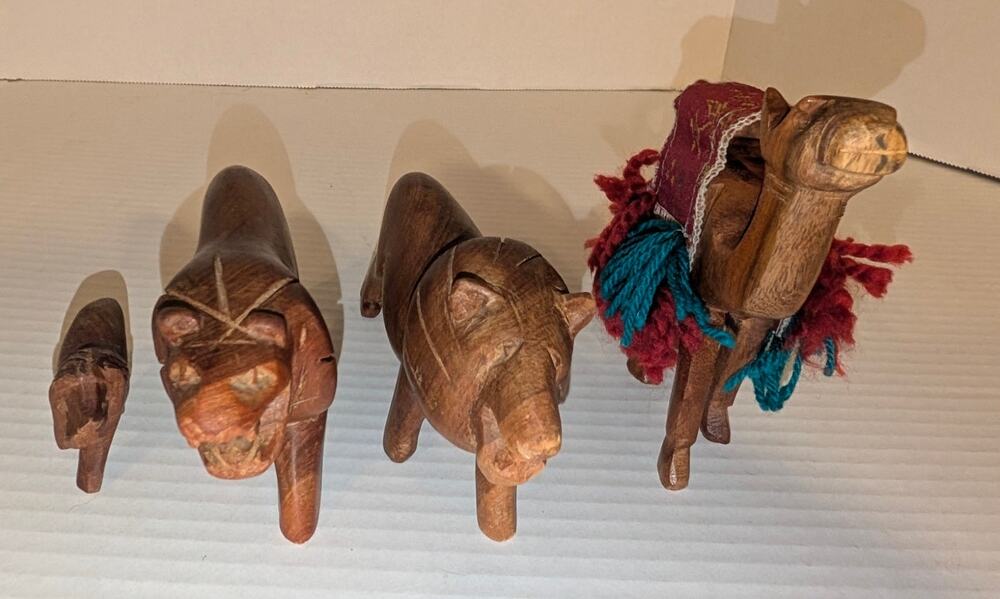 Lot 4 Vintage Hand Carved Teak Wood Animals Camel Nativity Lion